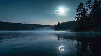 A ghostly figure emerges from a foggy lake under the full moon, casting an eerie glow and a sense of mystery