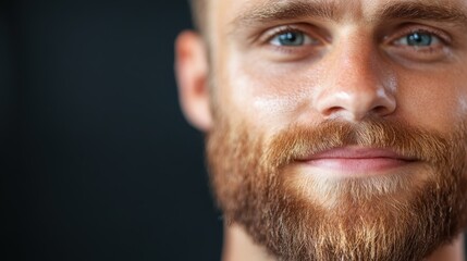Fototapeta premium Detailed half-face portrait of a man with a neatly groomed beard and calm, introspective expression, set against a simple, out-of-focus monochromatic background.