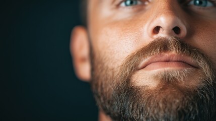 Obraz premium This image captures a partial view of a man's face featuring his blue eyes and well-kept beard, providing an intimate and detailed look into his facial features.