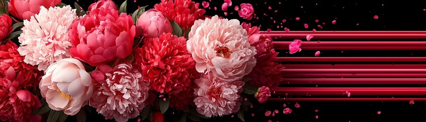 Vibrant floral arrangement with assorted roses in shades of pink and red against a black background, perfect for design and decoration.