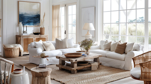 Coastal-inspired living room with a linen slipcovered sofa, wicker coffee table, and wooden accent chairs, creating a beachy vibe. interior design concept 