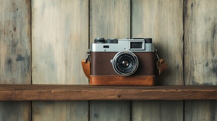 Classic camera resting on a wooden shelf, showcasing vintage design and craftsmanship, perfect for photography enthusiasts.