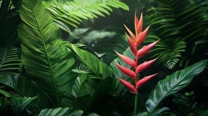 Vibrant red heliconia flower stands out amidst lush green tropical foliage, creating a serene and exotic natural environment.
