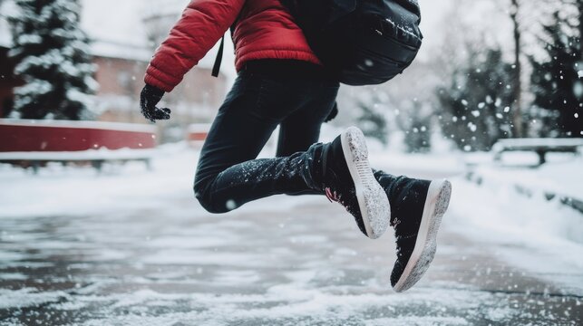 Close-up of a man with a backpack slipping and falling on a slippery winter sidewalk, illustrating the dangers of ice and potential injuries during the cold season