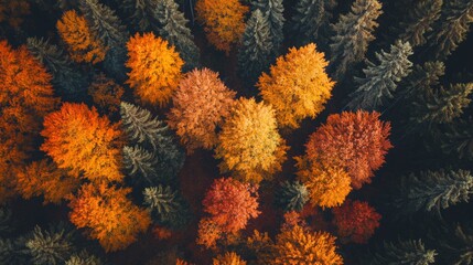 Fototapeta premium Aerial View of Autumn Forest with Brightly Colored Canopies