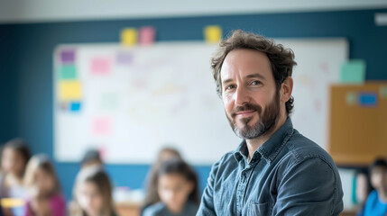Fototapeta premium teacher with expressive eyes engages students in a dynamic classroom