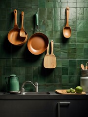 Modern kitchen with cooking utensils and green wall tiles.