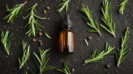 rosemary essential oil and mortar. Selective focus