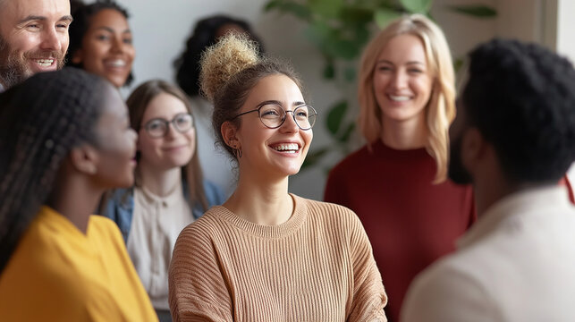A diverse group of people from various ethnic backgrounds are engaging in a lively conversation, highlighting social inclusivity