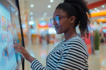 Black woman in glasses engaged with touch screen kiosk at contemporary shopping mall