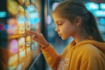 Girl selecting a burger from a touch menu at a fast food restaurant  captivating photography