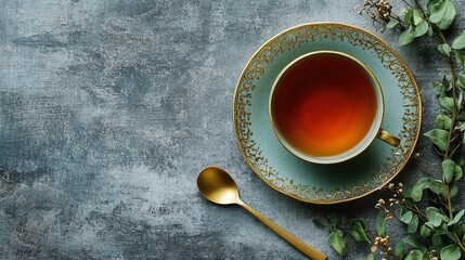 Elegant Tea Experience: A Refined Cup with Golden Accents - Perfect for a Stylish Café Poster or Modern Kitchen Décor Against a Textured Gray Backdrop