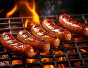Grilled juicy sausages, brarwurst sizzling on a grill with fire