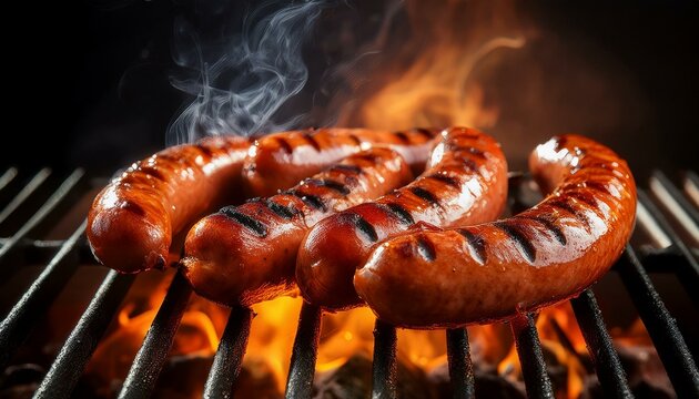 Grilled sausages on grill with smoke and flame