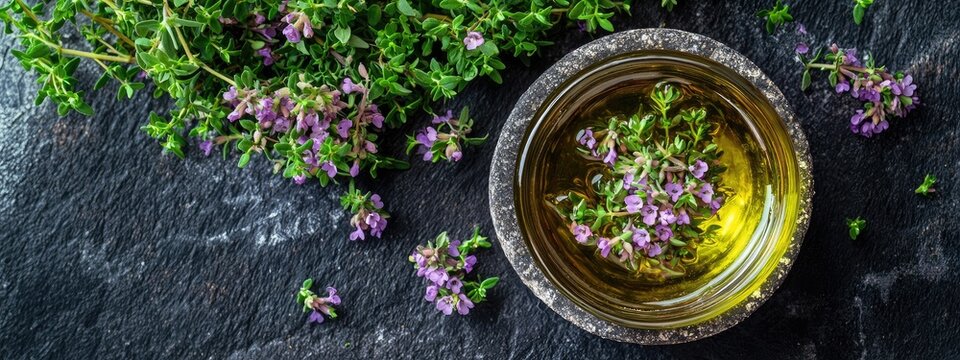 cumin essential oil and mortar. Selective focus