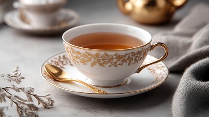 Elegant Teacup with Gold Detailing: A Stunning Poster for Chic Interiors, Showcasing Warm Tea on a Saucer with a Golden Spoon, Perfect for Home Decor or Relaxation Spaces
