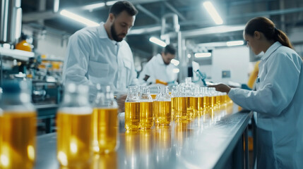 Group of operators control process on product line uses industry  and digital technology on modern factory