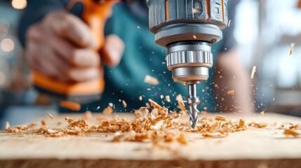 A vivid image of a drill driving into a wooden surface, creating shavings and dust, capturing the intensity and skill inherent in woodworking and craftsmanship activities.