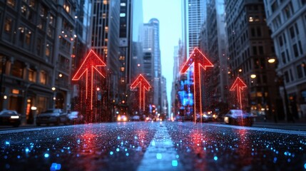 Obraz premium Red arrows plunging into city streets, symbolizing economic crisis