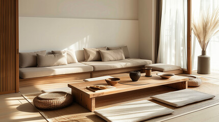 Japanese-inspired living room with a low-profile floor sofa, minimalist wooden coffee table, and woven floor cushions.
