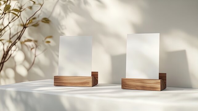 Elegant Minimalist Display: Two White Cards on Wooden Stands - Perfect as a Poster for Sports Décor to Enhance Clarity and Tranquility in Any Space