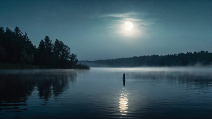 A ghostly figure emerges from a foggy lake under the full moon, casting an eerie glow and a sense of mystery