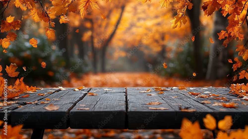 Poster empty wooden table with blurred background of an autumn forest with falling leaves.