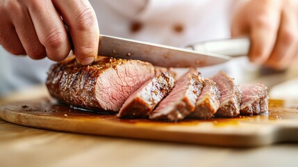 A chef's hands are slicing a perfectly roasted beef steak on a wooden cutting board, epitomizing culinary excellence and precision in cooking with care.