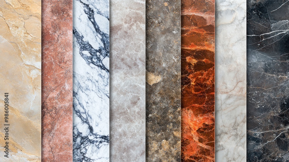 Poster a collection of various marble textures showcasing different colors and patterns.