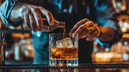 A bartender preparing a classic whiskey cocktail, like an Old Fashioned, with precise movements and skill