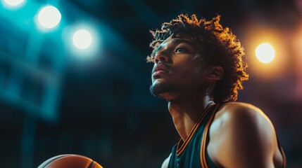 A basketball player pausing to breathe deeply, practicing mindfulness before taking a free throw