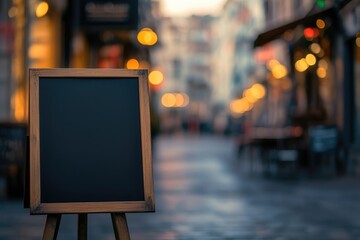 close up empty sign, mockup with black empty background near cafe, in background street on sunset in blur