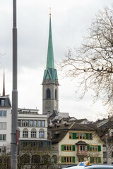 Scenic summer view of the Old Town architecture of Zurich with the bridge Untertorbryukke over Aare river, Zurich, Switzerland. High quality photo