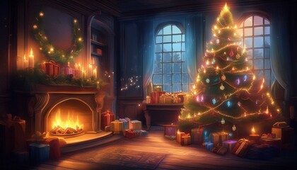 Obraz premium interior christmas. magic glowing tree, fireplace, gifts in dark