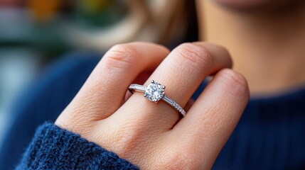 A stunning round cut diamond ring is showcased, its brilliance and sparkle contrasting beautifully against the blue sweater worn in the background, highlighting a blend of luxury and comfort.
