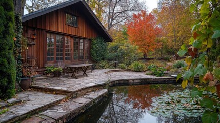 Obraz premium Tranquil garden scene with a wooden house and colorful autumn foliage by a serene pond.