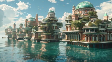 Majestic Floating Island City with Ornate Domes and Towers in Serene Lake Landscape