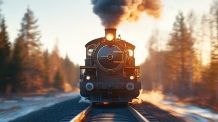 A captivating photograph of a steam locomotive with its headlight illuminating the tracks as it moves forward. The golden hour light and blurred motion create a sense of urgency.