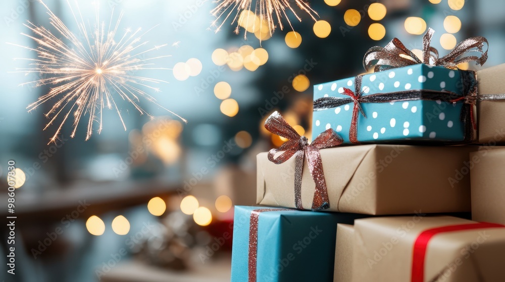 Aufkleber stack of colorfully wrapped presents with shimmering bows, set against a backdrop of festive firewor