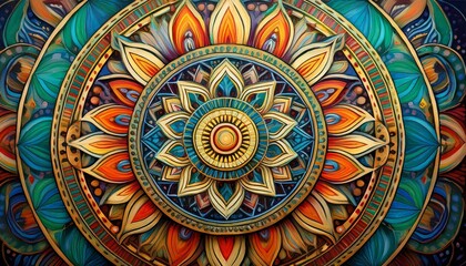Fototapeta premium mandala colorful vintage art, ancient Indian vedic background design, old painting texture with multiple mathematical shapes