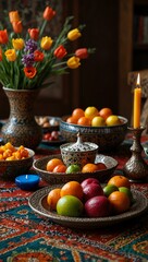 Novruz table setting with traditional decorations.