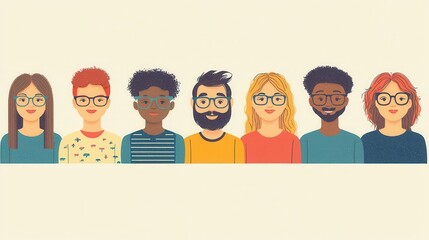 A diverse group of seven people with glasses showcasing various hairstyles and styles, representing friendship and collaboration