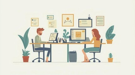 A modern office scene featuring two colleagues working creatively at their desks, surrounded by plants and inspirational decor