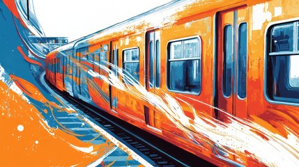 Obraz premium A vibrant orange train speeds through a station, with dynamic blue and white abstract streaks that emphasize motion and energy. The bold color palette creates a striking visual impact. 