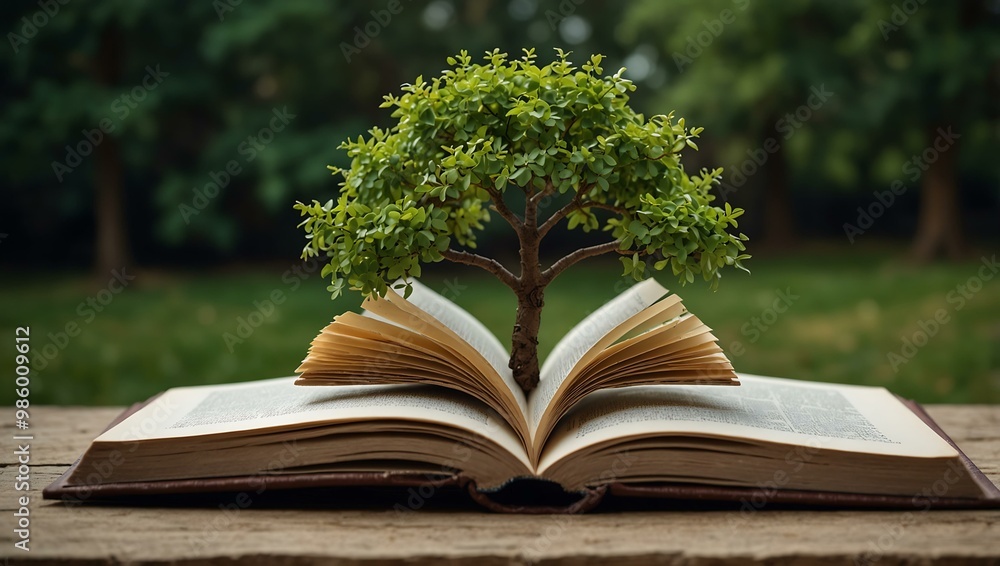 Poster open book with a tree and wave symbolizing nature and knowledge.