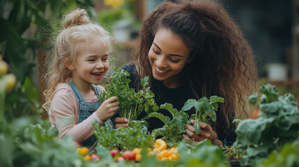Obraz premium Gardening with joy, woman and girl share laughter while tending to fresh vegetables