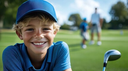 A young boy with a blue cap and striped shirt, enjoying himself immensely on the golf course, beaming a broad smile, surrounded by lush greens and open fields.