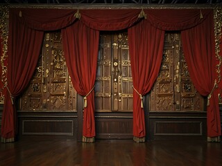 Ornate wooden stage with grand red curtains.