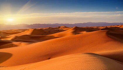 Panorama of sand dunes Sahara Desert at sunset. Endless dunes of yellow sand. Desert landscape Waves sand nature