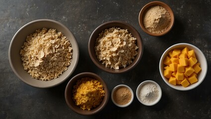 Overhead view of bowls with baking ingredients.